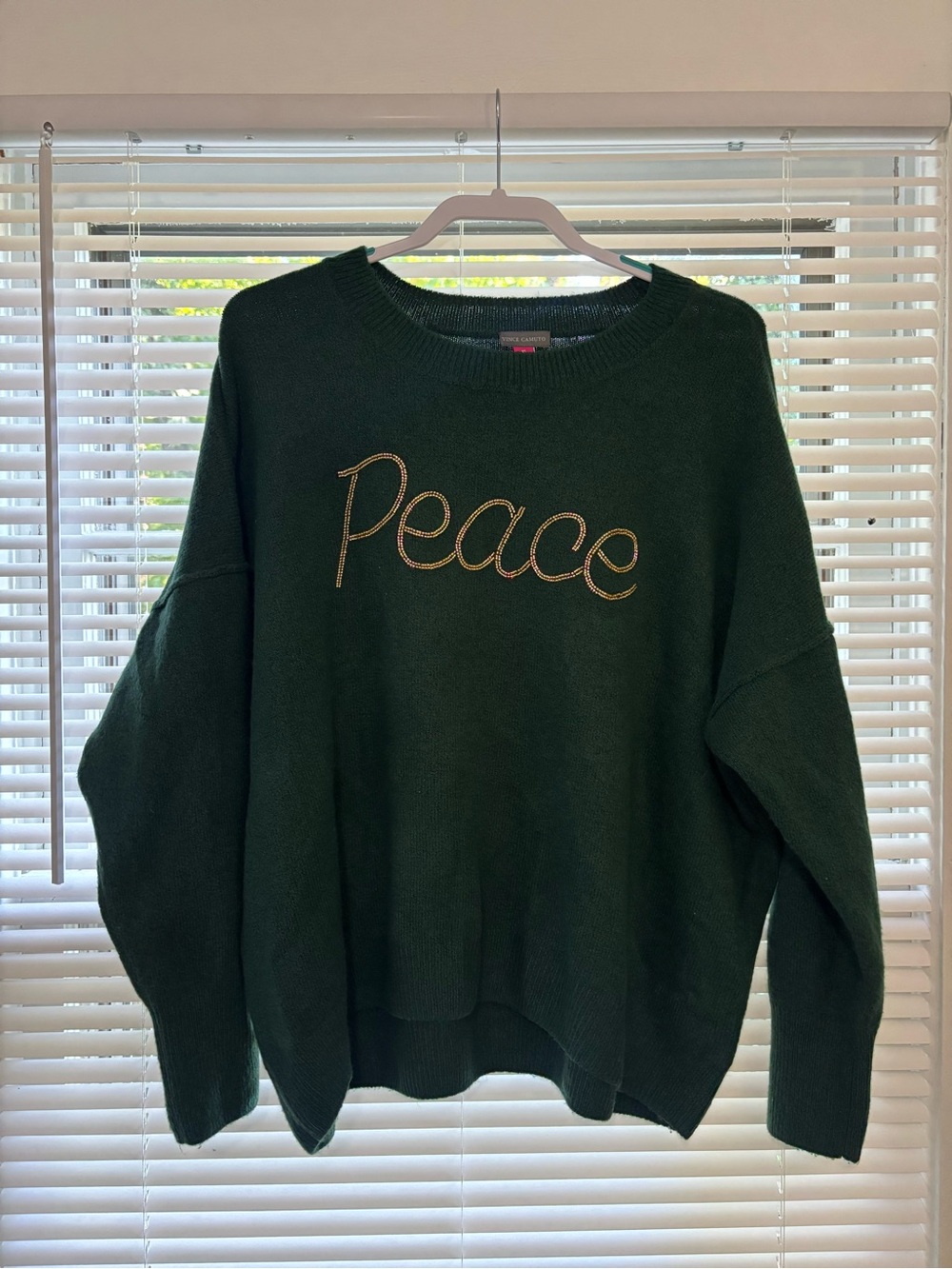 Vince Camuto Dark Green 'Peace' Embroidered Crewneck Sweater